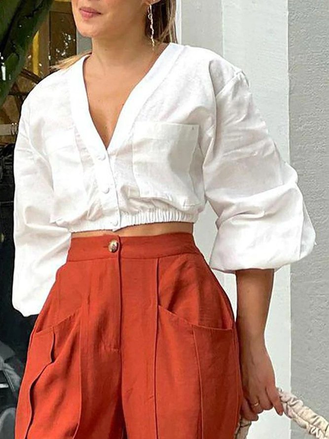 Women Plain Simple Autumn Daily Buttons Polyester Cotton Crop H-Line Regular Blouse