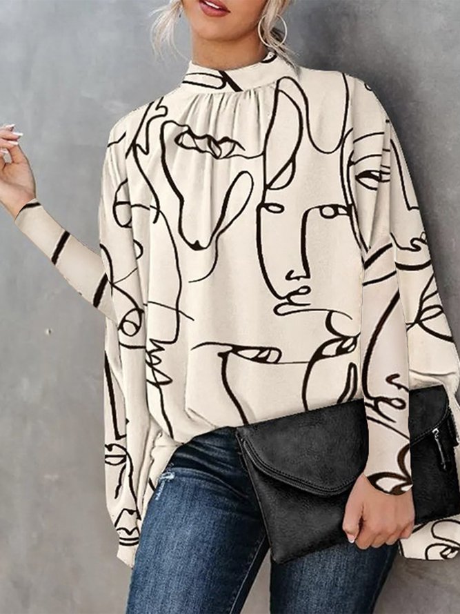 Loose Abstract Stand Collar Blouse
