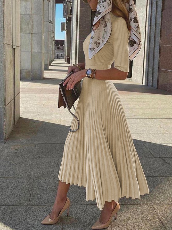 Elegant Plain Stand Collar  Half Sleeve Pleated Midi Dress