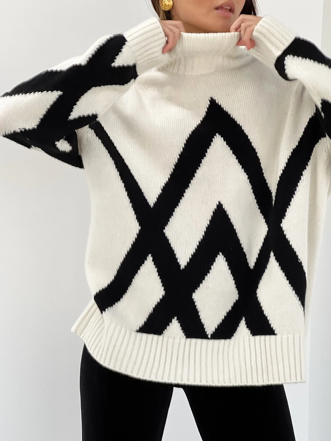 High Elasticity Striped Urban Turtleneck Long sleeve Loose Sweater