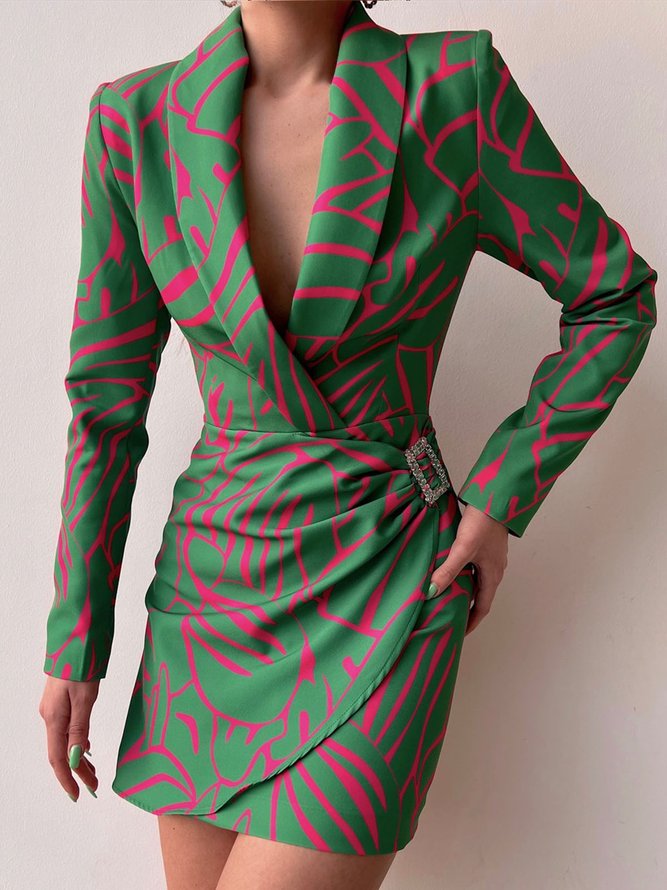 Elegant Shawl Collar Abstract Printed Dress