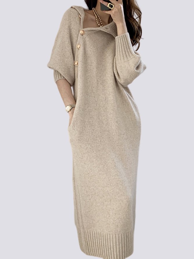 Long sleeve Loose Elegant Plain Midi Dress