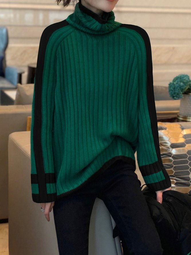 Long sleeve Color Block Turtleneck Simple Sweater