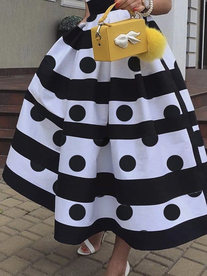 Polka Dots Sleeveless Square Neck Regular Fit Elegant Midi Party Dress