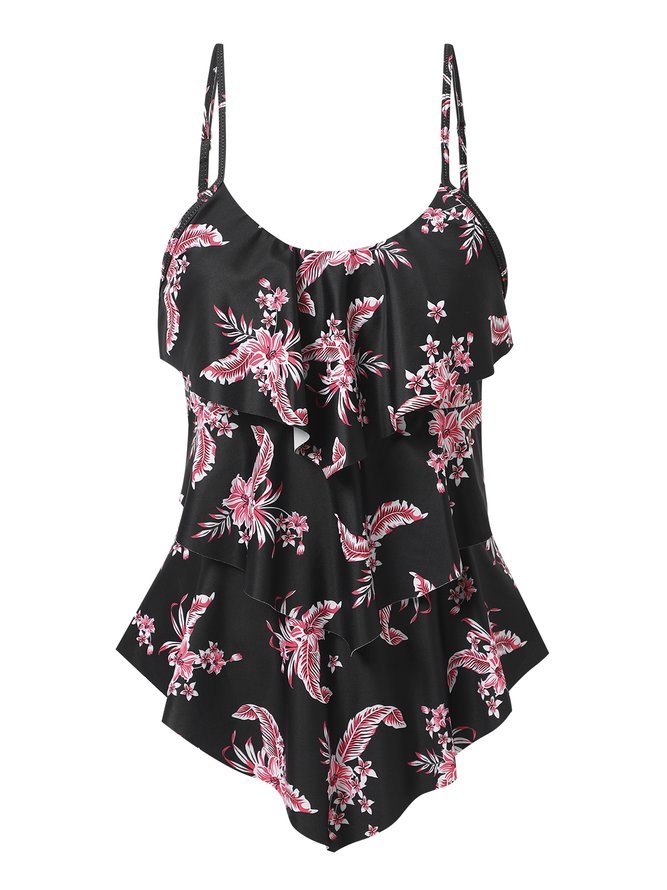 Vacation Floral Printing Scoop Neck One Piece Swimsuit