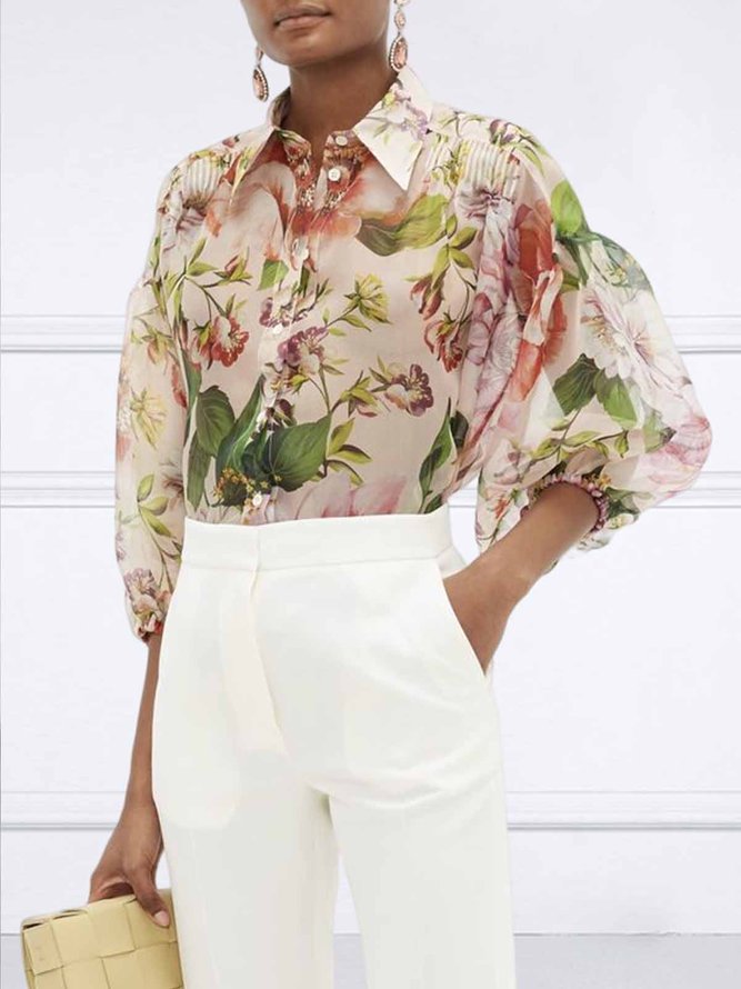 Shirt Collar Elegant Floral Print  Blouse