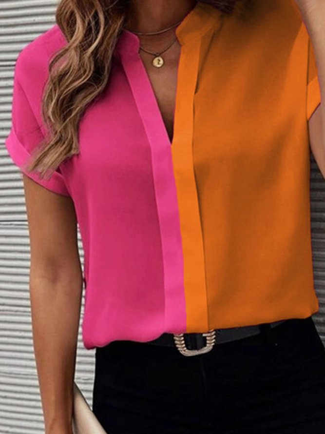 Urban Loose Color Block Stand Collar  Blouse
