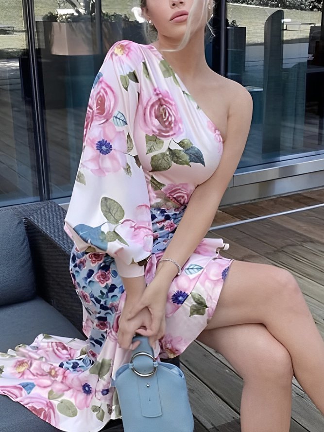 Floral One Shoulder Regular Fit Vacation Midi Dress