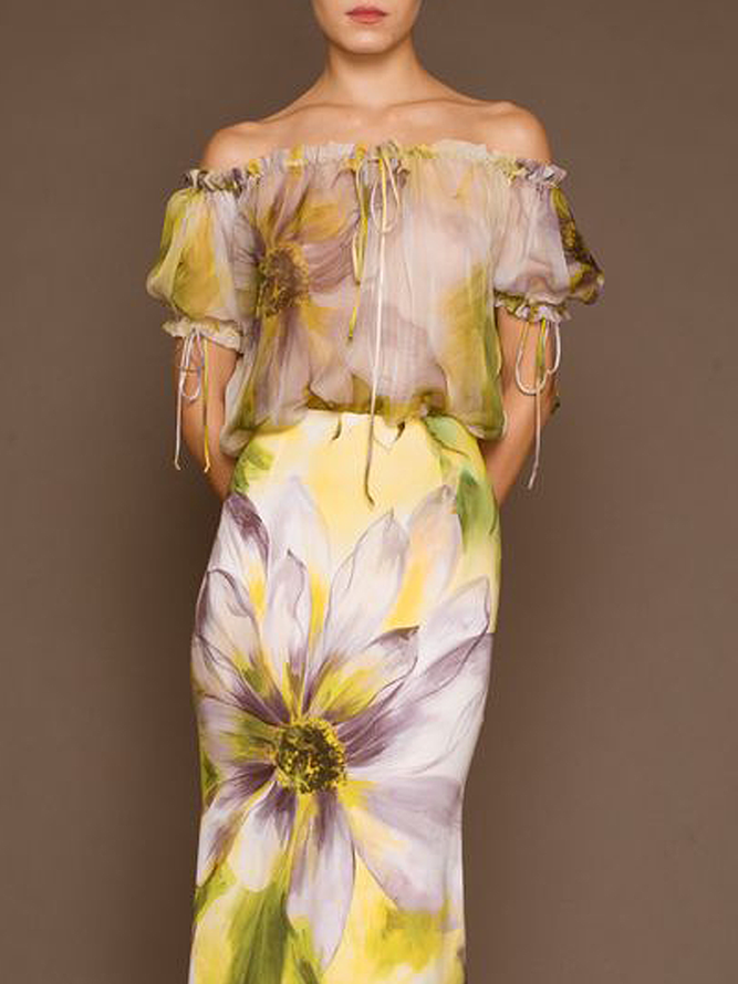 Cold ShoulderShort sleeve  Floral Elegant Loose Shirt