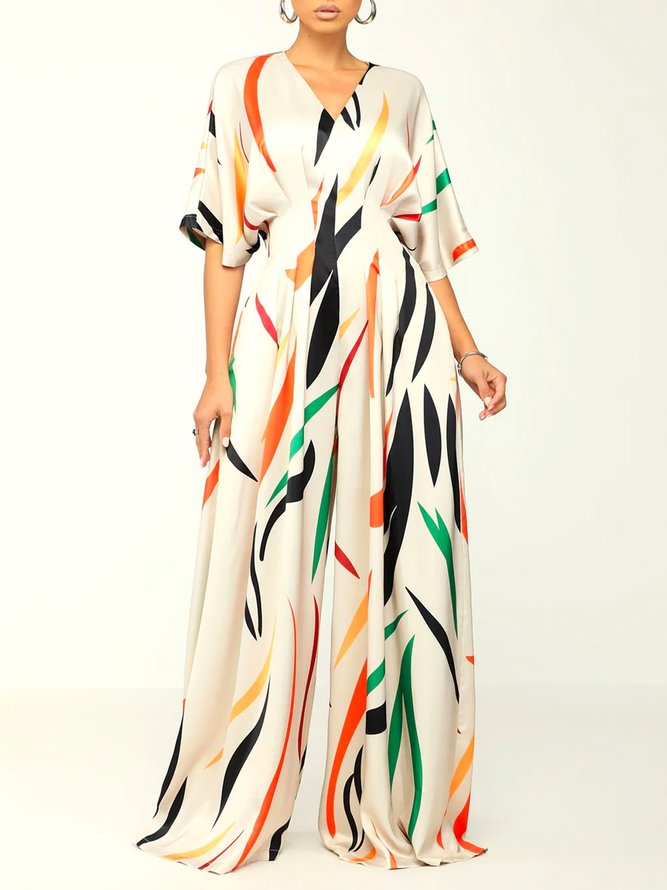 Vacation V Neck Half Sleeve Abstract Jumpsuit