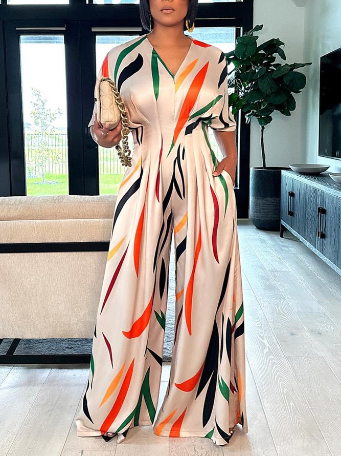Vacation V Neck Half Sleeve Abstract Jumpsuit