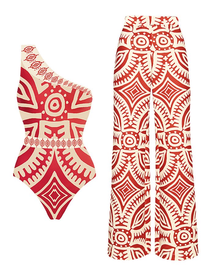 Vacation Abstract Printing One Shoulder One Piece With Cover Up