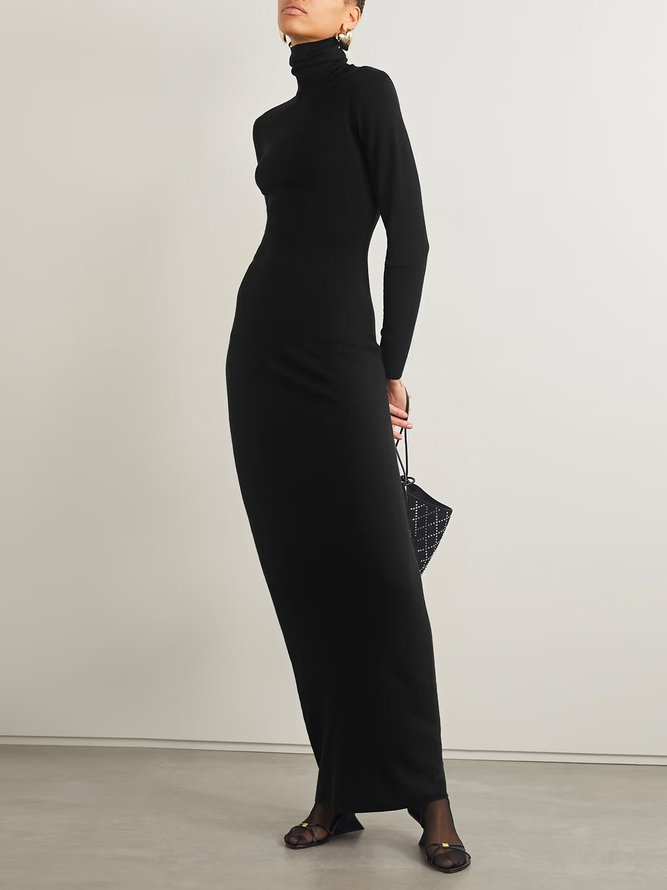 Urban Turtleneck Plain Long Sleeve Maxi Dress With No Belt | stylewe