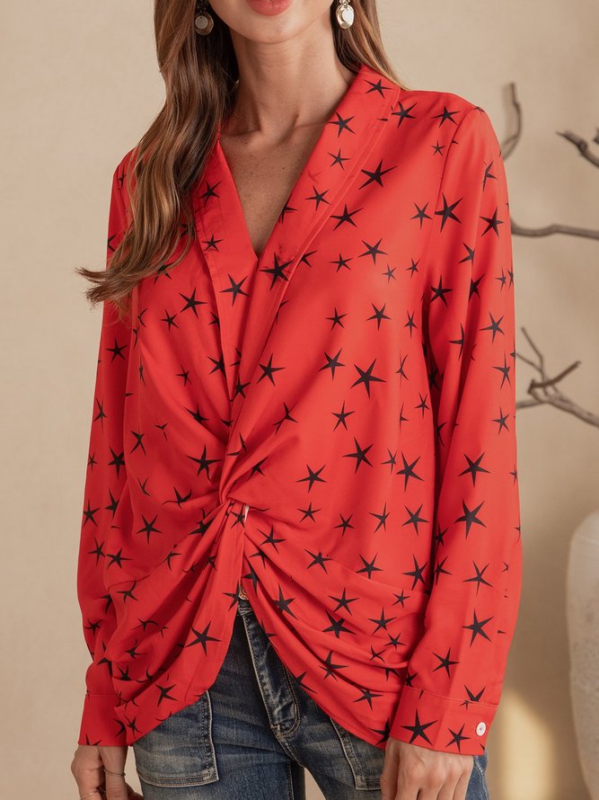 Red Casual Star Shift V Neck Top