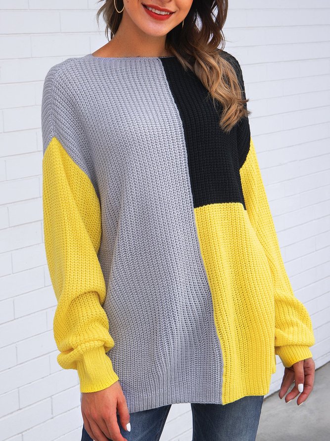 Yellow Color-Block Crew Neck Casual Long Sleeve Sweater