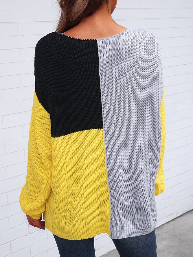 Yellow Color-Block Crew Neck Casual Long Sleeve Sweater