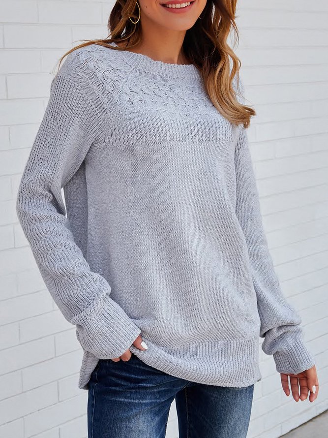 Grey Solid Long Sleeve Crew Neck Sweater