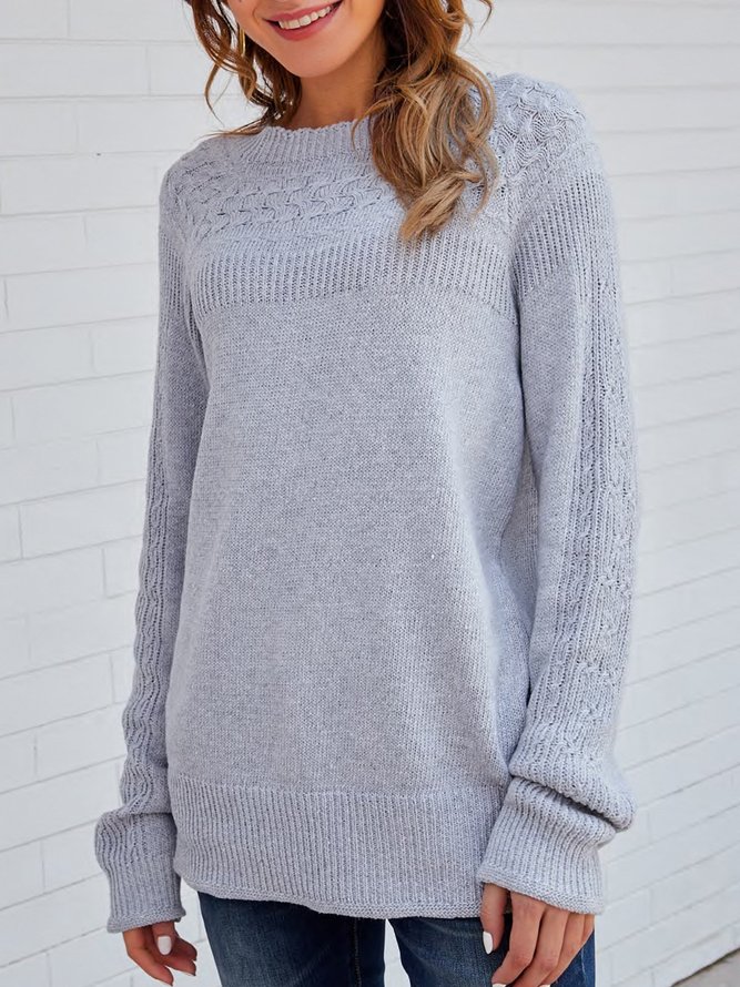 Grey Solid Long Sleeve Crew Neck Sweater