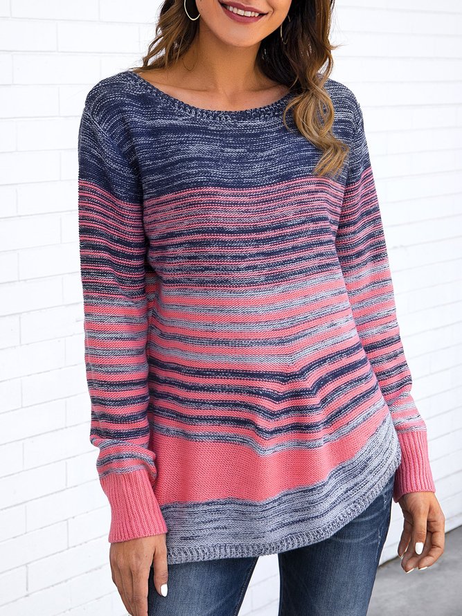 Red Acrylic Long Sleeve Stripes Color-Block Sweater