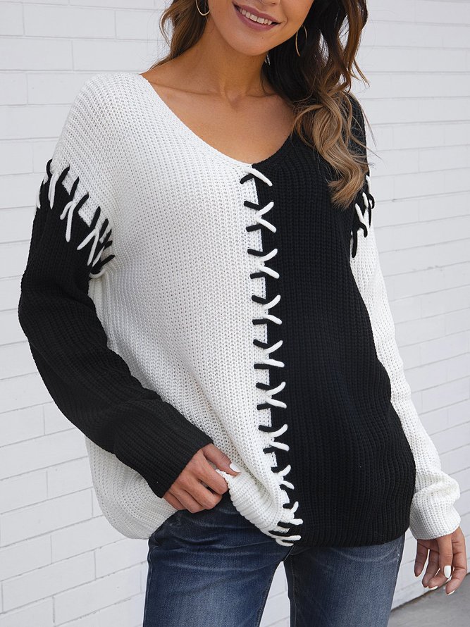 Black V Neck Casual Color-Block Bandage Sweater