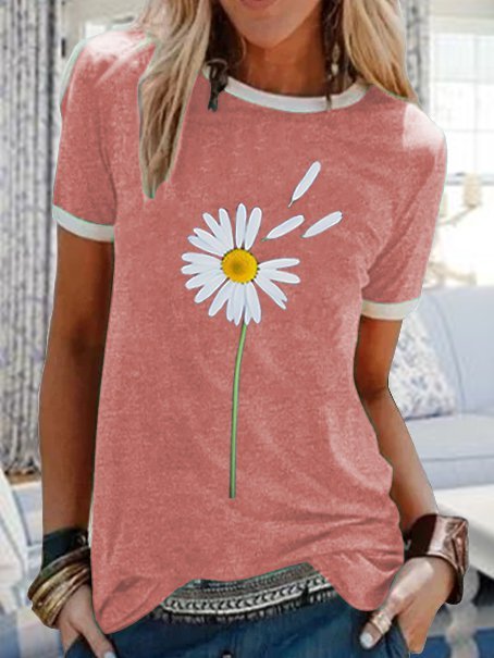 Round Neck Casual Daisy Printed Short-sleeved T-shirt | stylewe