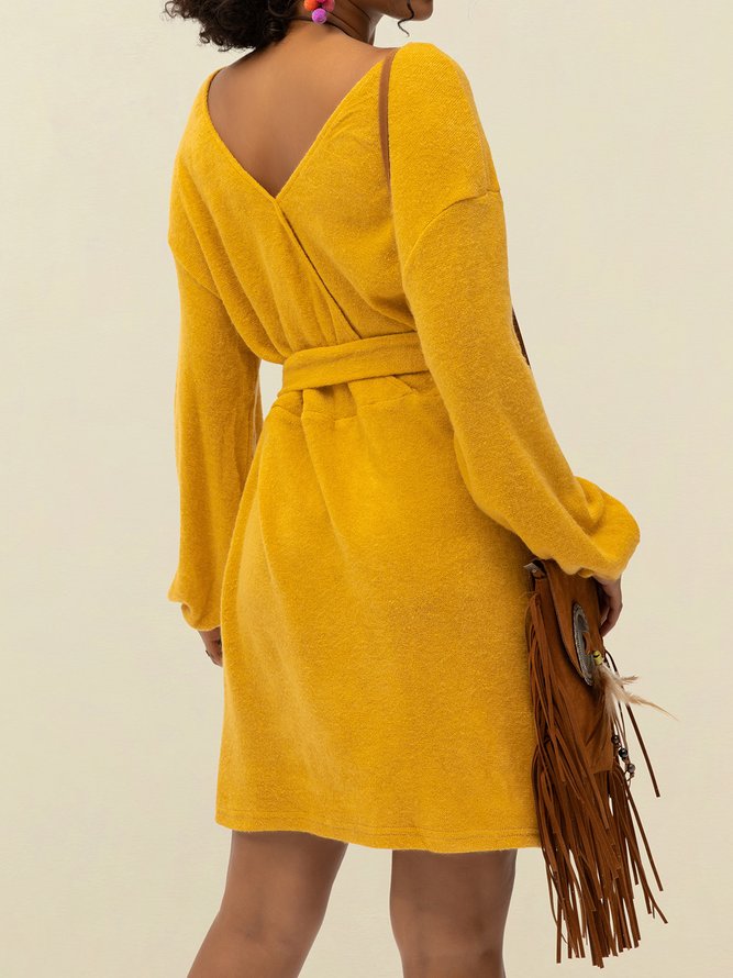 Yellow Holiday Plain A-Line Cotton-Blend Sweater Dress