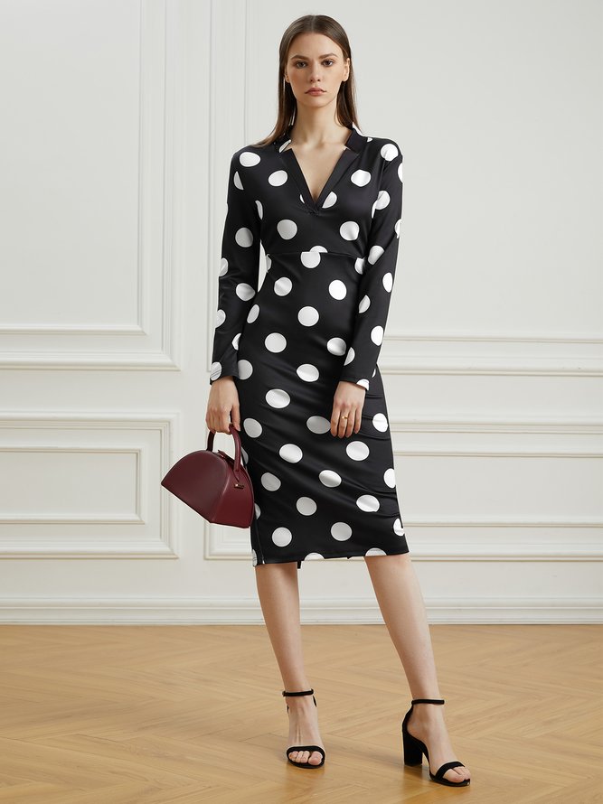 Spring Slim Fit Polka Dots Elegant Simple Long sleeve Long sleeve Knit Dress