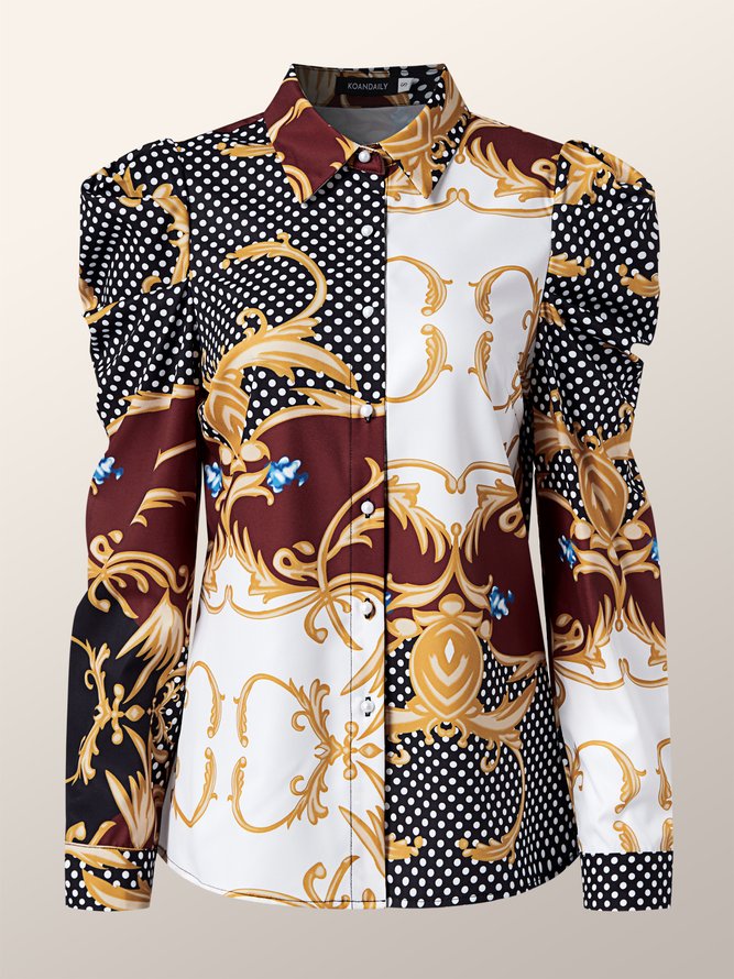 Elegant Shirt Collar Printed  Printed Polka Dots  Top