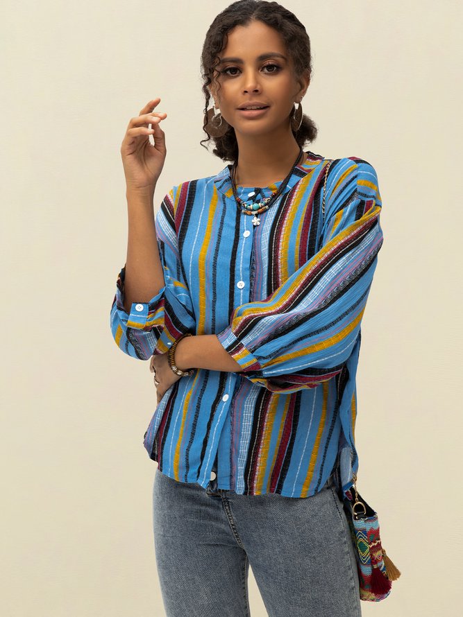 Blue Striped Casual V Neck Blouse