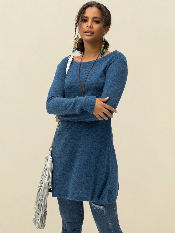 Blue Casual Long Sleeve Solid Sweater Dress