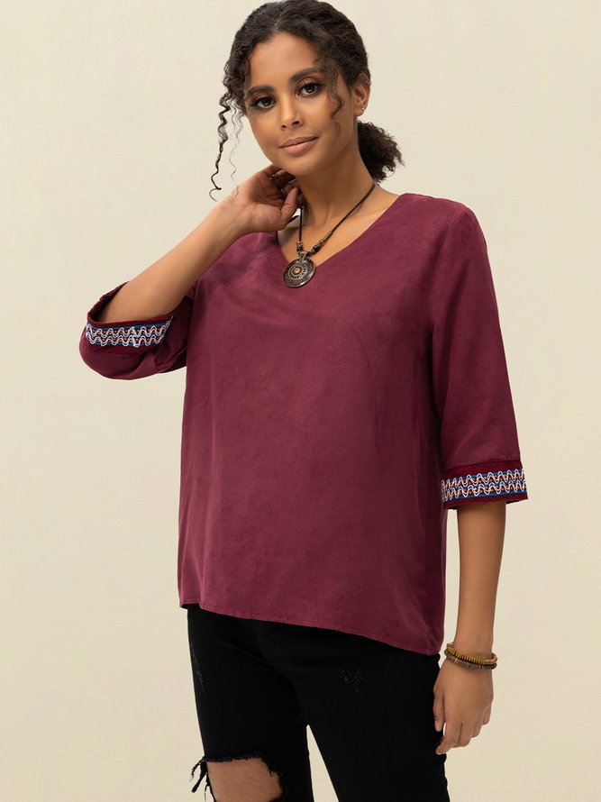 Red V Neck Holiday Cotton-Blend Tops