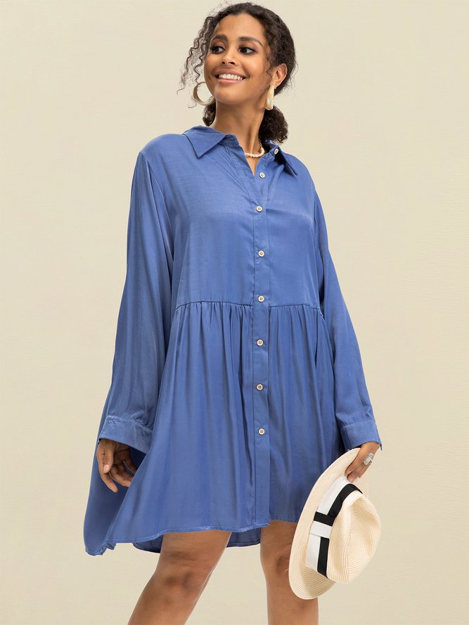 Blue A-Line Solid Cotton-Blend Casual Weaving Dress