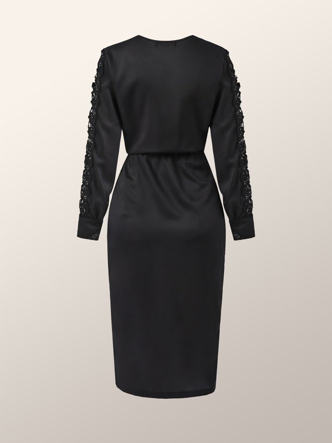 Lady Long Sleeve Solid V Neck Regular Fit Midi Dress