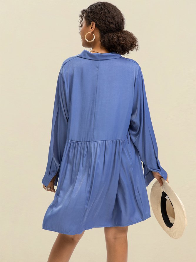 Blue A-Line Solid Cotton-Blend Casual Weaving Dress