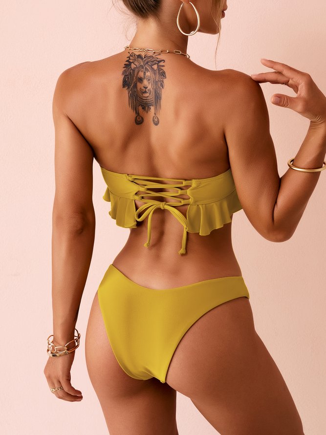 Solid Ruffles Lace Up Bikini Swimsuit