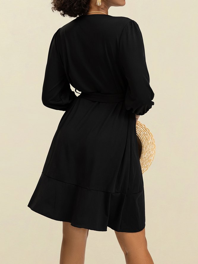 Black Plain V Neck Boho Knitting Dress
