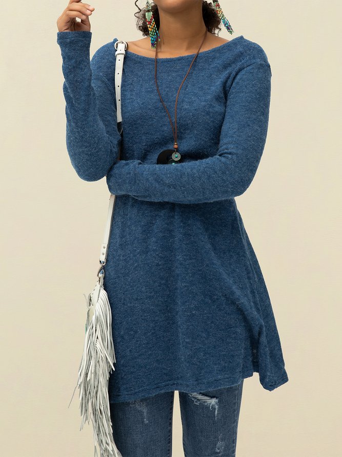 Blue Casual Long Sleeve Solid Sweater Dress