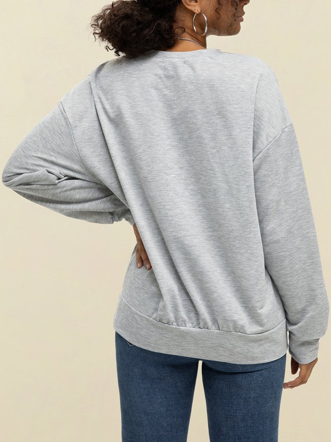 Gray Letter Crew Neck Cotton-Blend Casual Shirts & Tops