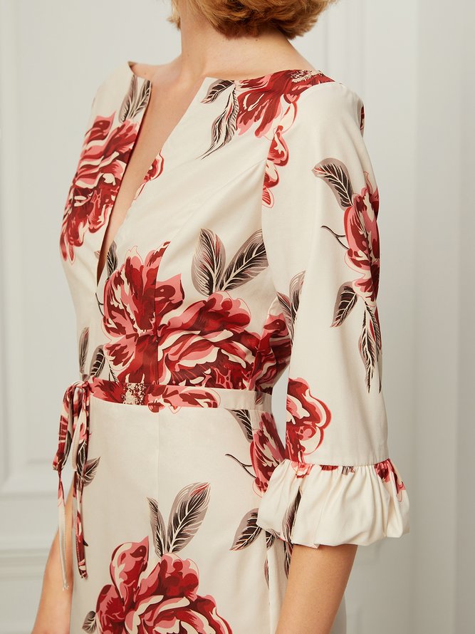 V Neck Printed Elegant Half Sleeve Floral Midi Dress
