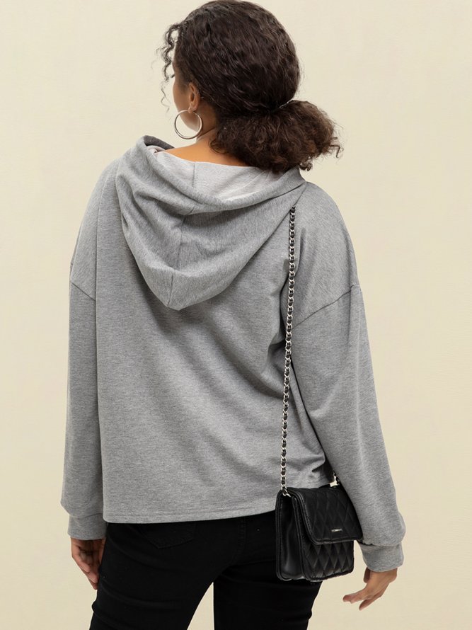 Gray Cotton-Blend Paneled Long Sleeve Hoodie Shirts & Tops