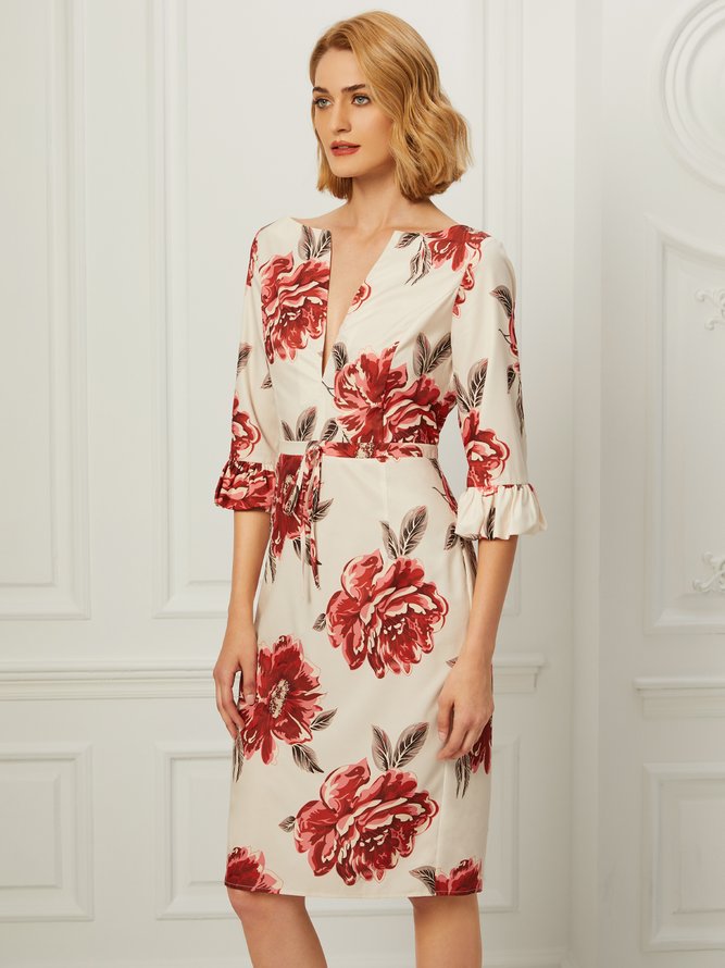 V Neck Printed Elegant Half Sleeve Floral Midi Dress