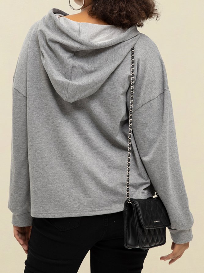 Gray Cotton-Blend Paneled Long Sleeve Hoodie Shirts & Tops