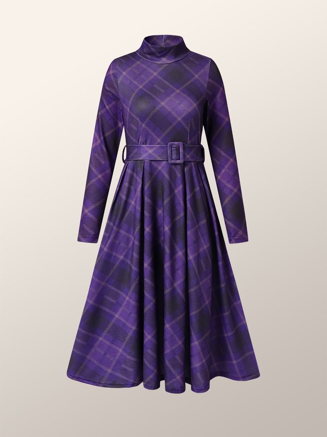 Long Sleeve Grid Regular Fit Lady Midi Dress
