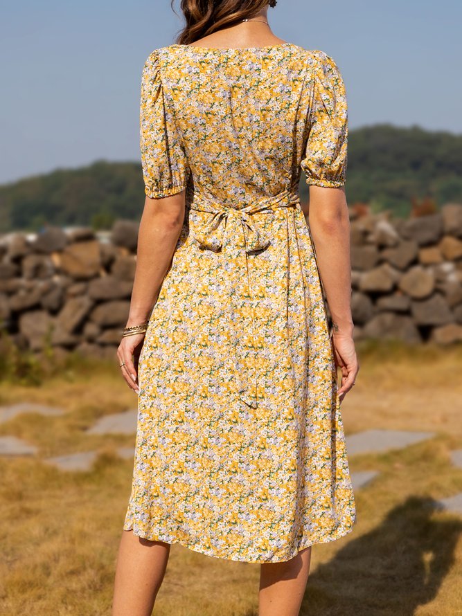 Cotton-Blend Floral Short Sleeve Shift Dress