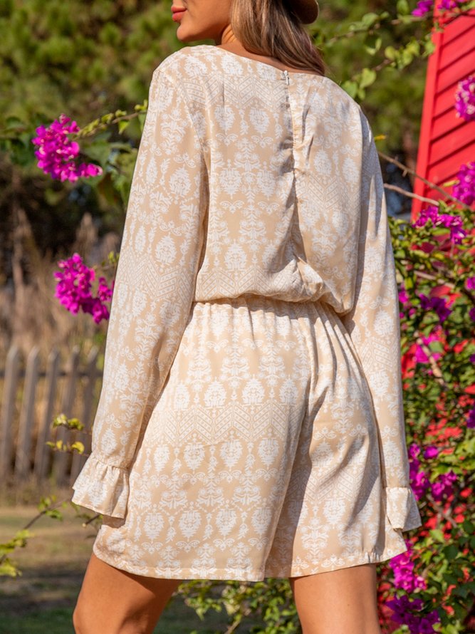Apricot V Neck Long Sleeve Floral Floral-Print Jumpsuit & Romper