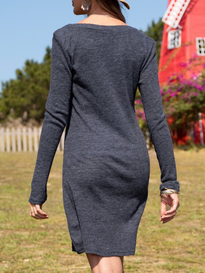 Long Sleeve V Neck Plain Casual Dress