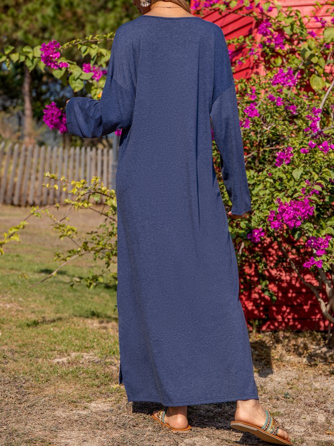 Blue Cotton-Blend Shift Long Sleeve Dress