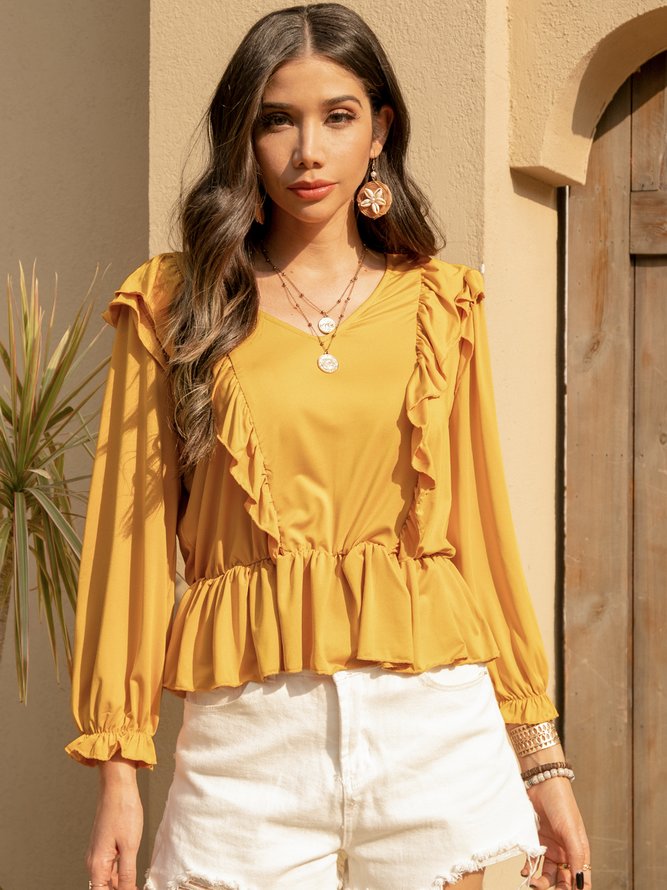 Yellow Cotton-Blend Long Sleeve Tops