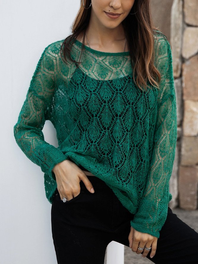 Green Crew Neck Cotton-Blend Long Sleeve Sweater