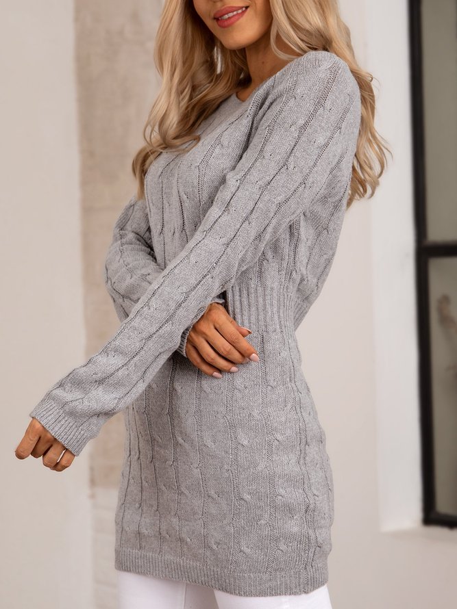 Grey Long Sleeve Crew Neck Knitted Sweater Dress